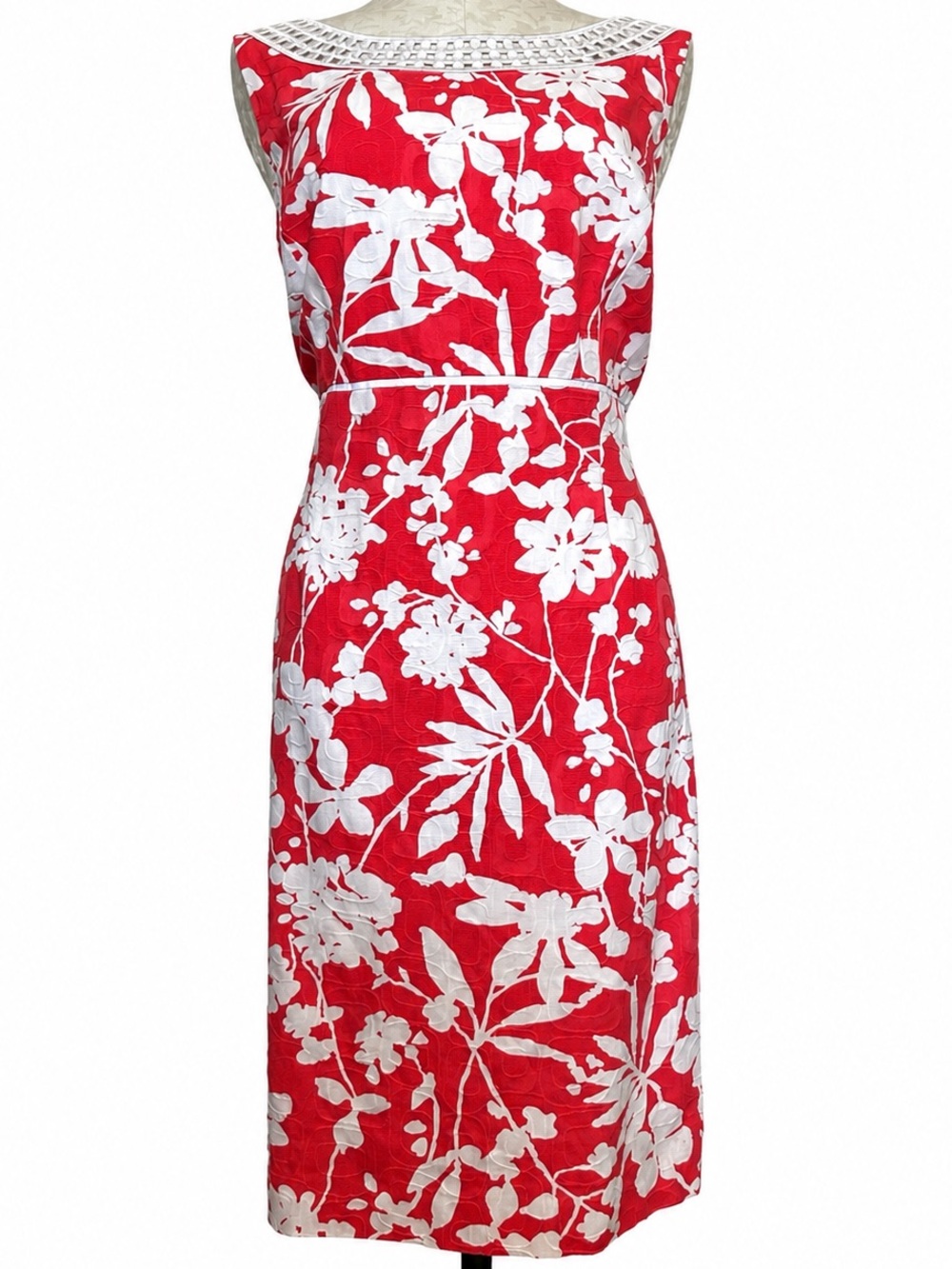 Tahari Arthur Levine Coral & White Floral Sheath Dress Textured Cotton Size 14